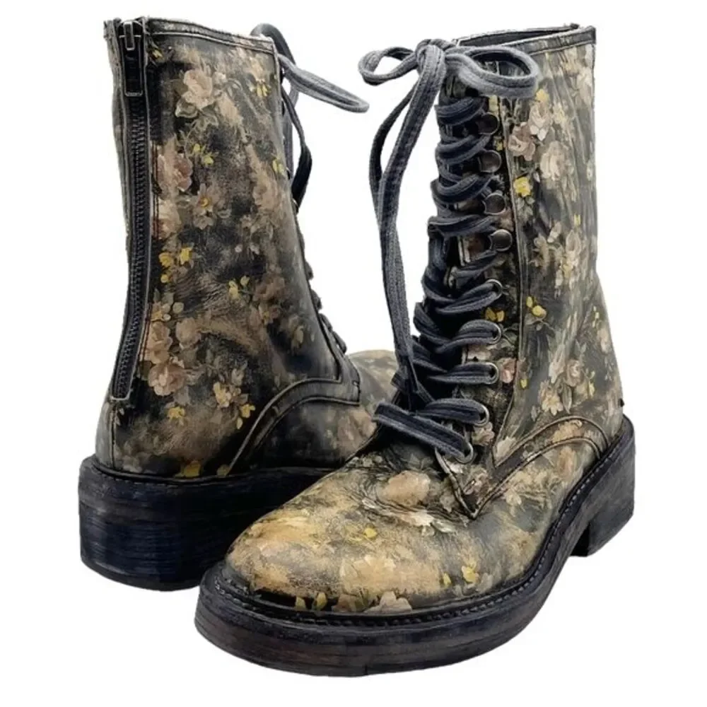 Free People Santa Fe Black Floral Leather Lace-Up Combat Boot Sz US 8 EU 38 NWT